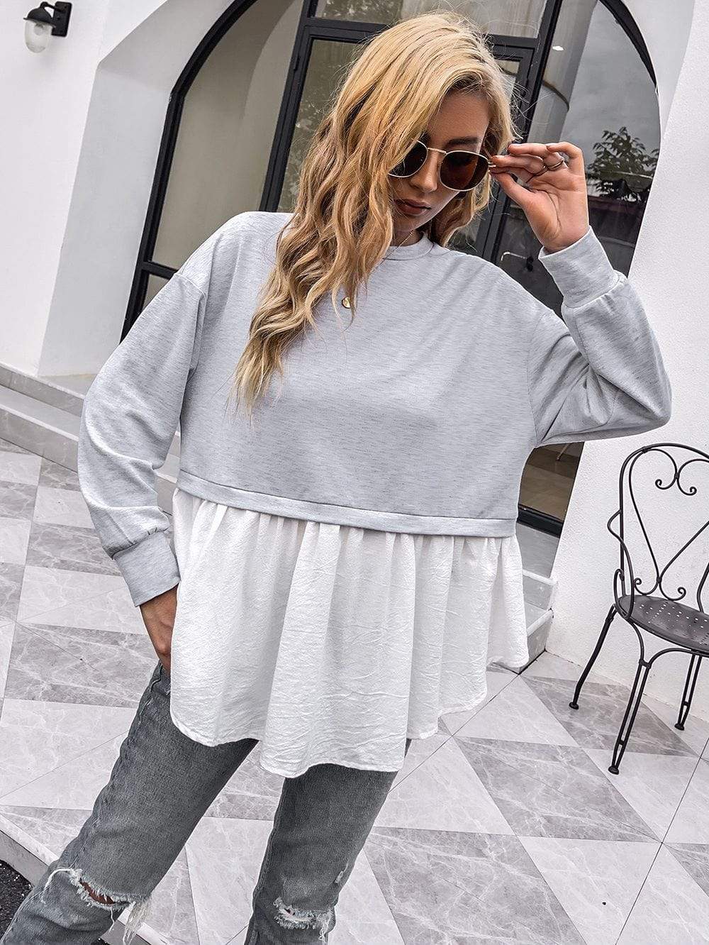 Women's Grey and White Double Layer Long Sleeve Sweatshirt Top - Image 4