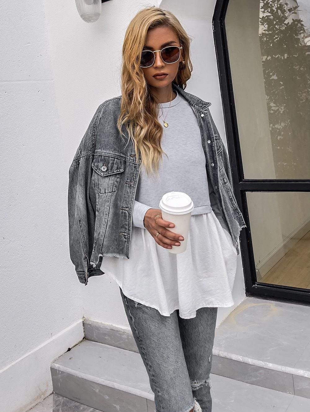 Women's Grey and White Double Layer Long Sleeve Sweatshirt Top - Image 5