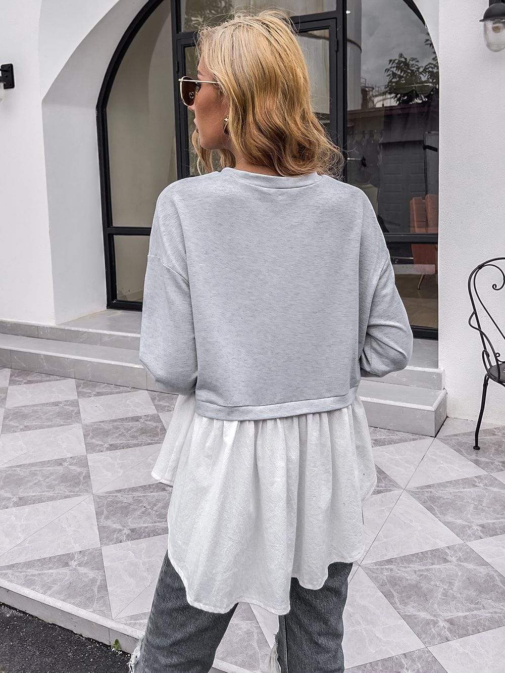 Women's Grey and White Double Layer Long Sleeve Sweatshirt Top - Image 6