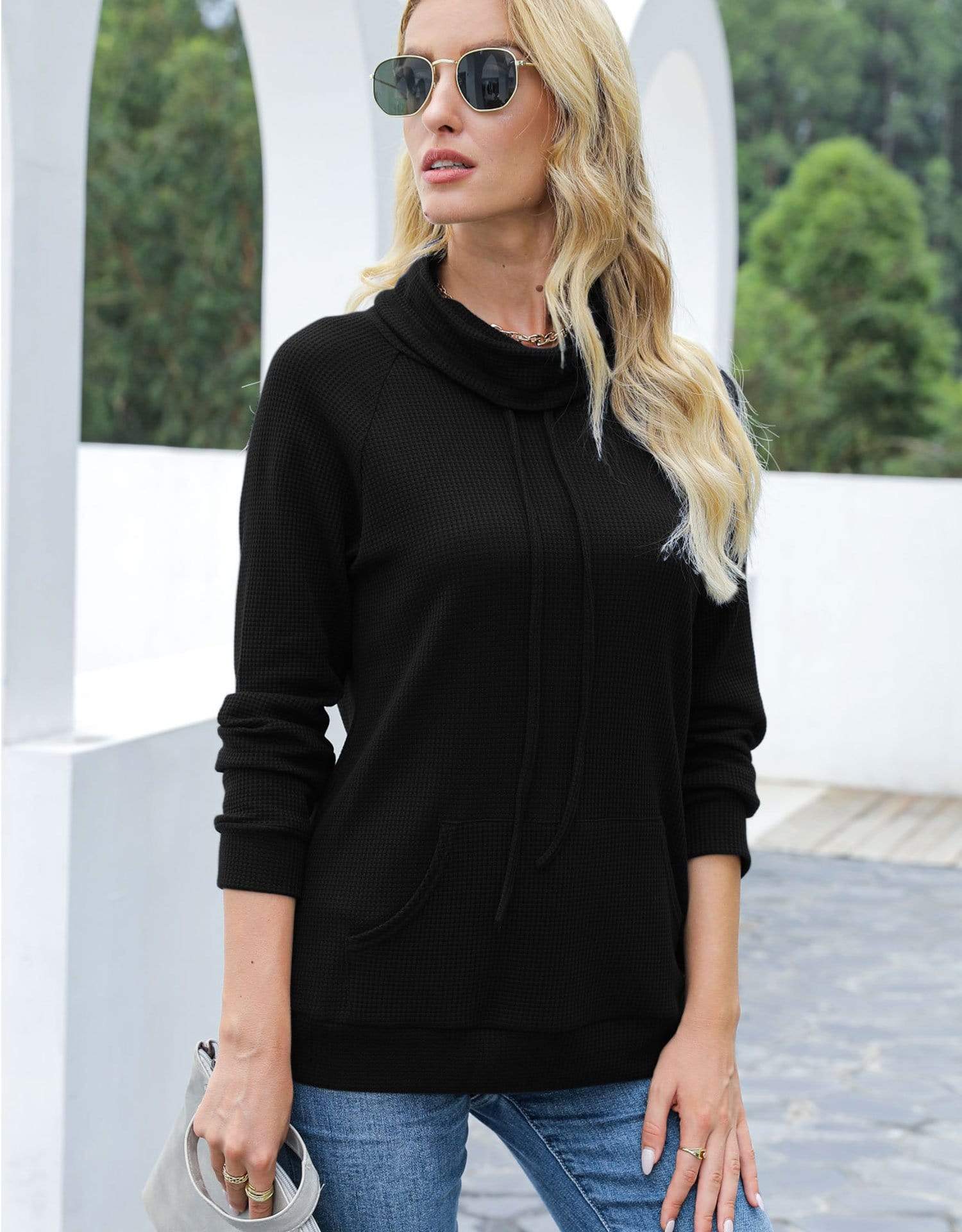 Waffle Knit Cowl Neck Pullover