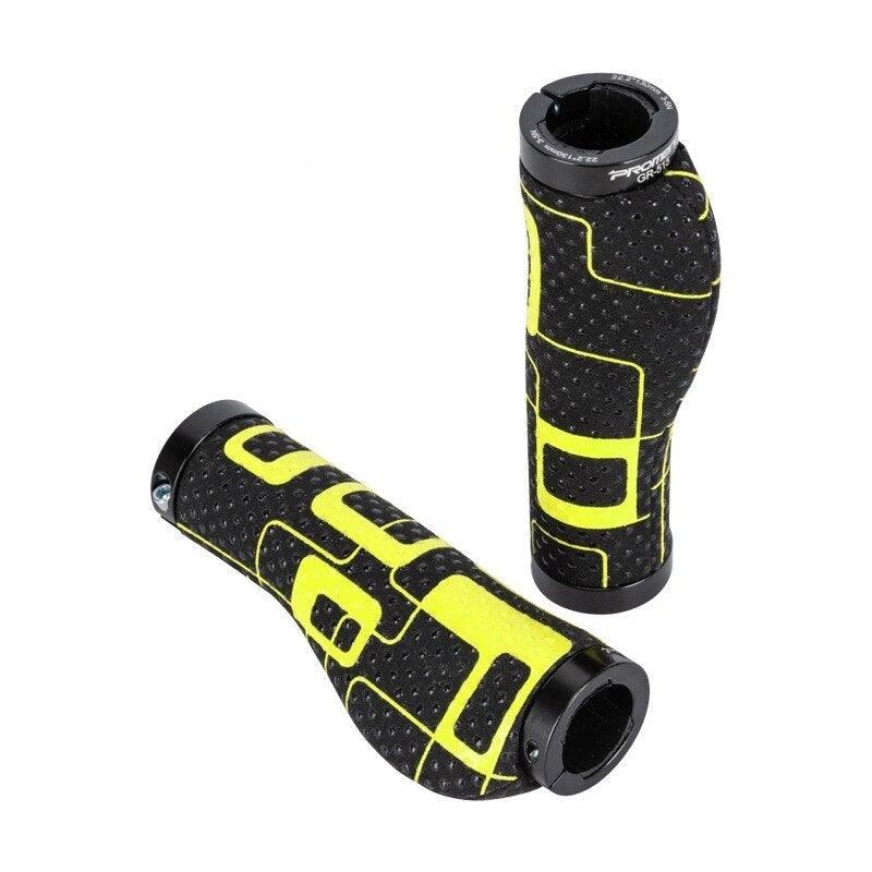 Ergonomic mountain bike grips with aluminum lock rings in neon yellow and black