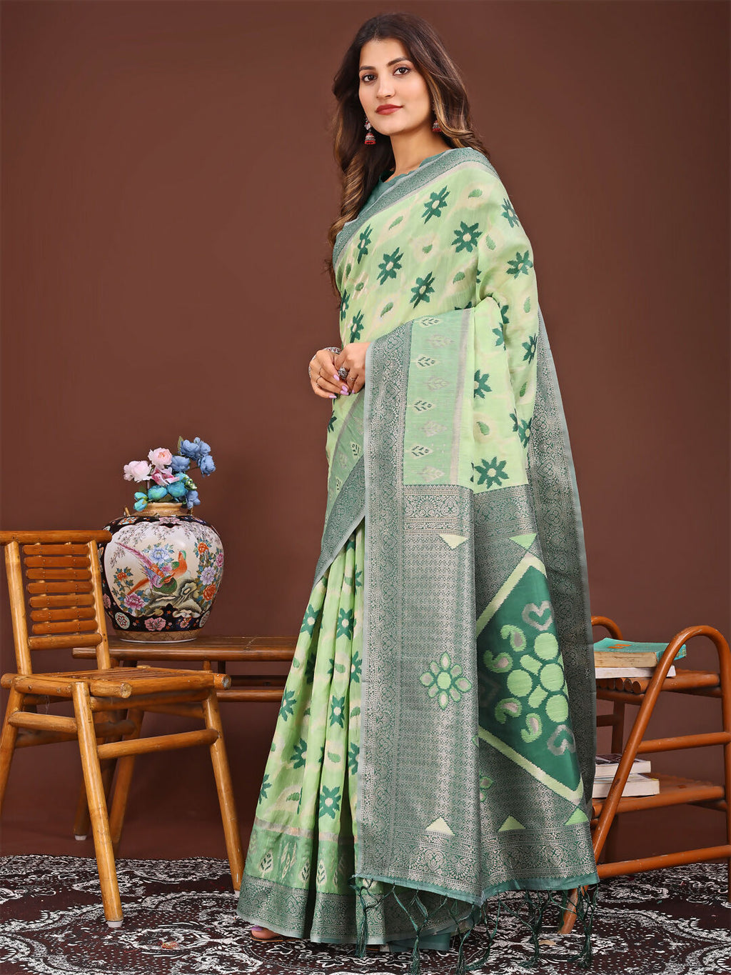 Sajni Light Green Linen Cotton Saree with Matching Blouse