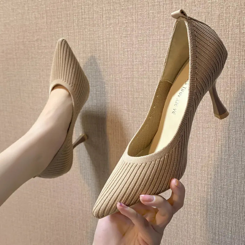 Women's Pointed Toe Knitted Heels in Beige and Black - Image 11