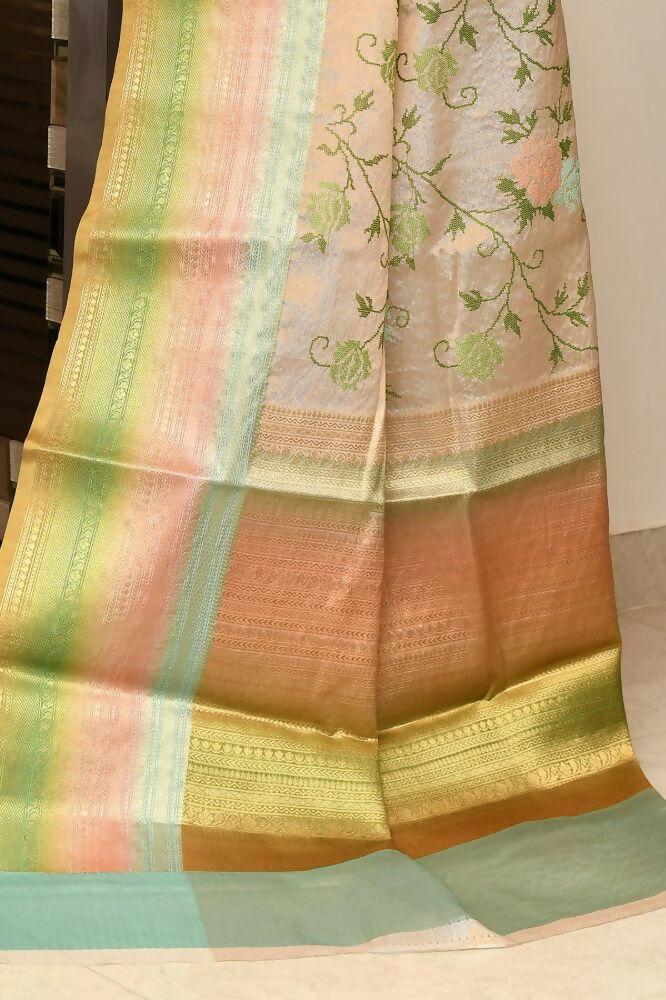 Multicolor Rainbow Tissue Saree with Digital Print and Embroidery