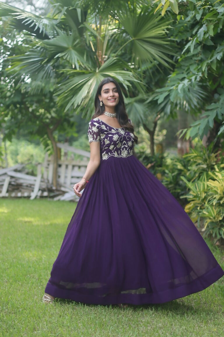 Purple Sequins Embroidered Faux Blooming Floor-Length Anarkali