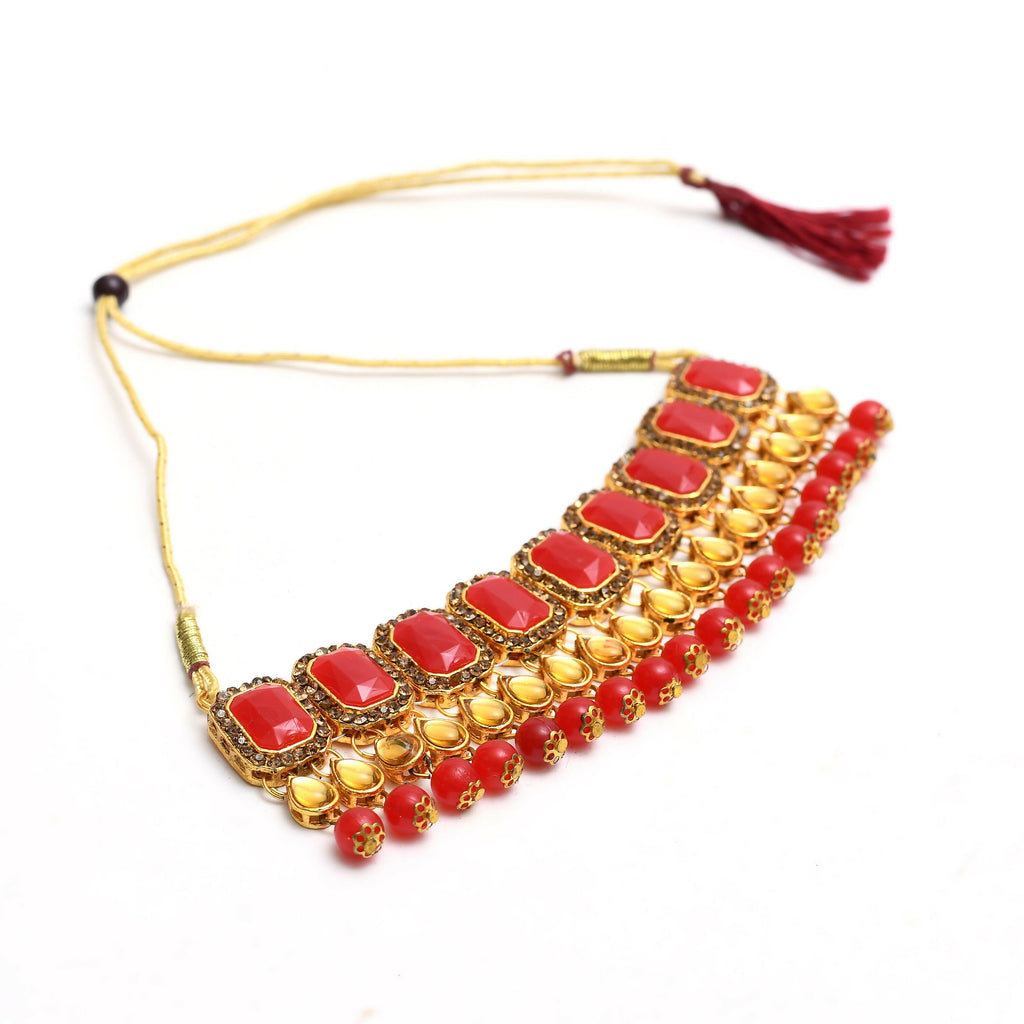Kundan and Pearl Gold-Polished Brass Statement Choker (Red)