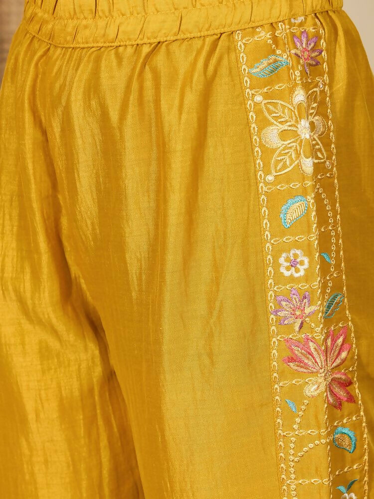 Mustard Roman Silk Embroidered Kurta Set with Shirt Collar