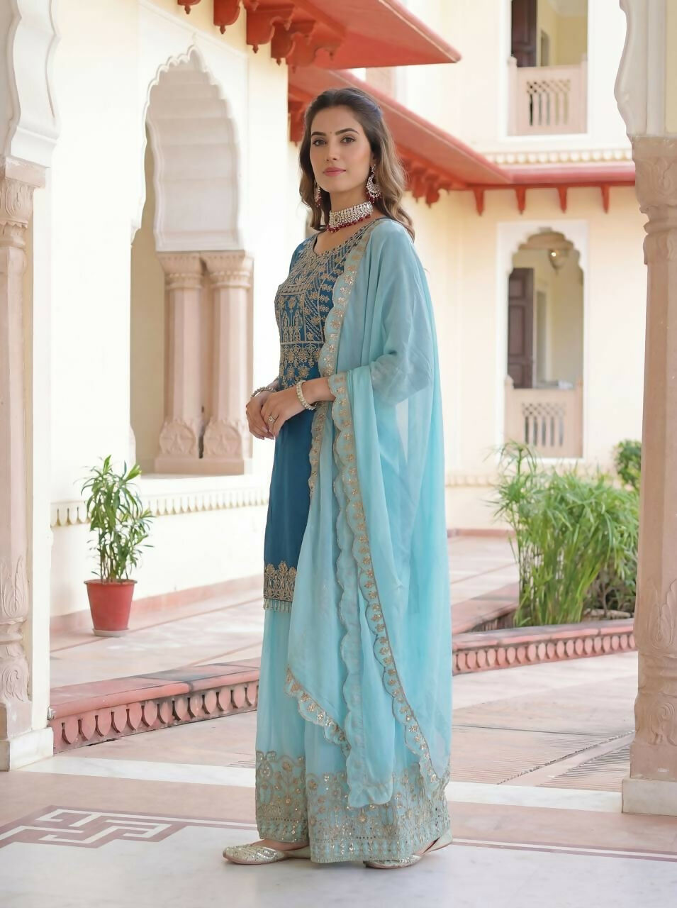 Blue Silk Embroidered Sharara Set for Traditional Occasions