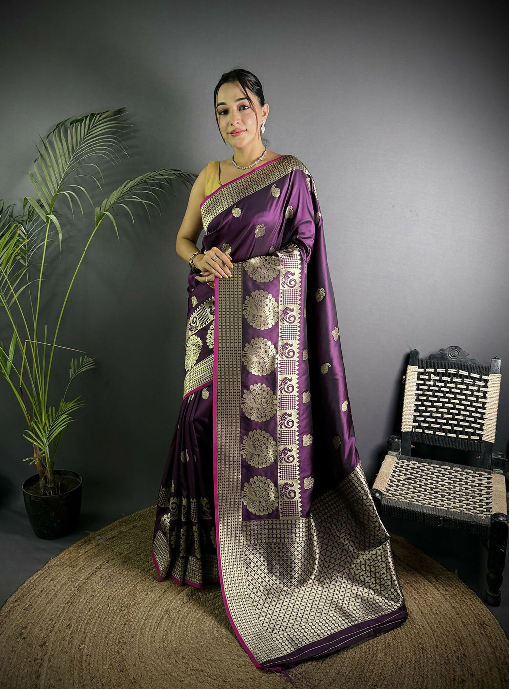 Joban Fashion Wine Banarasi Soft Lichi Silk Paisley Saree