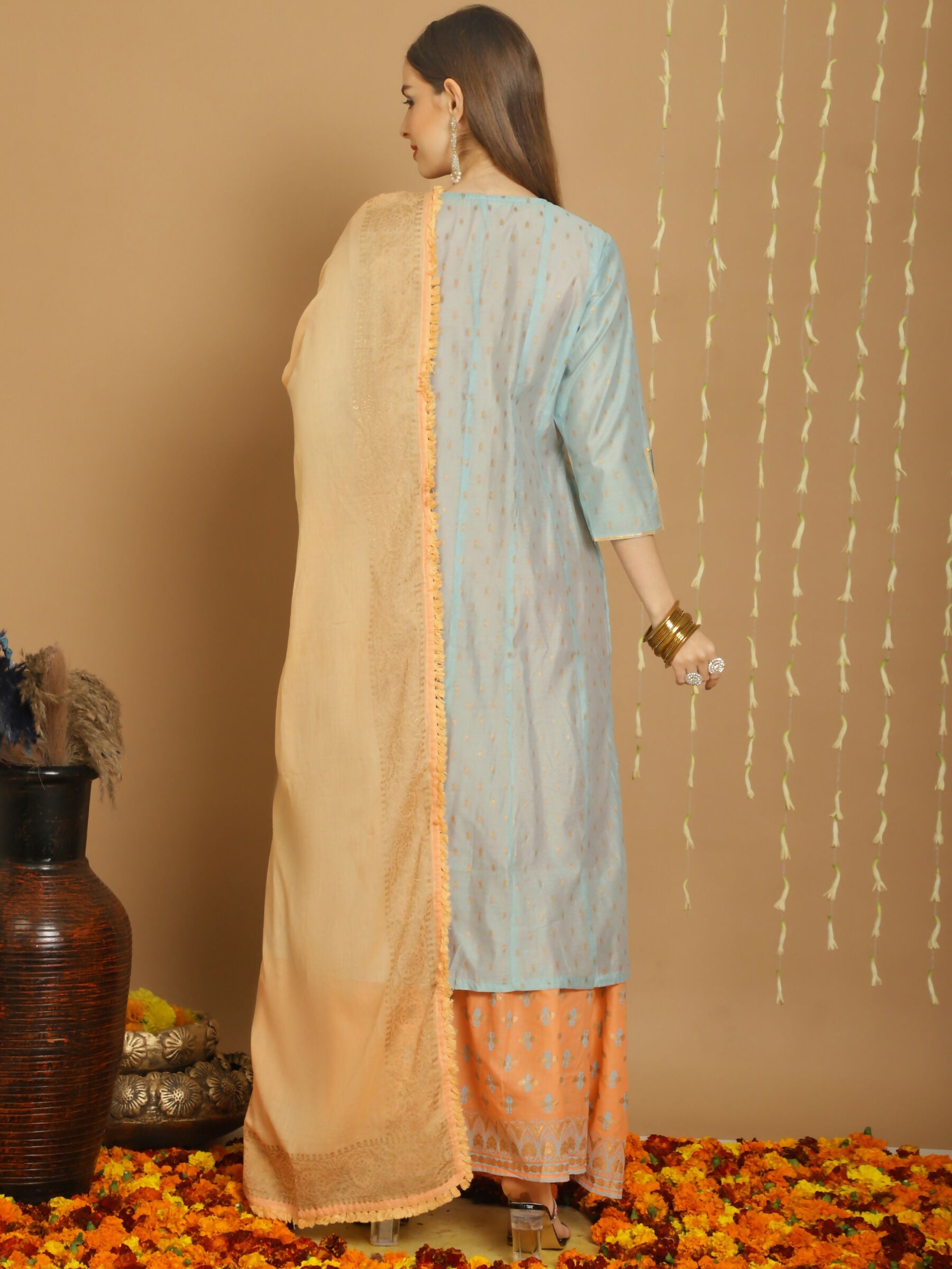 Turquoise Chanderi Silk A-Line Kurta Set with Jardoshi Work
