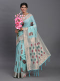 Light sky blue linen cotton saree with matching blouse piece