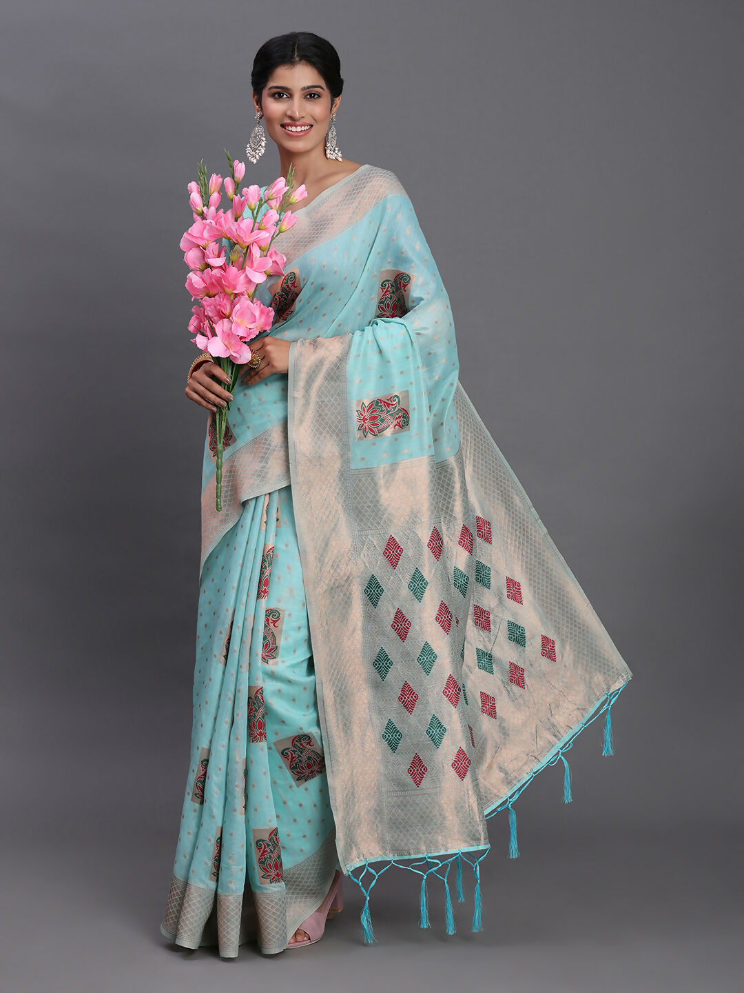Light sky blue linen cotton saree with matching blouse piece