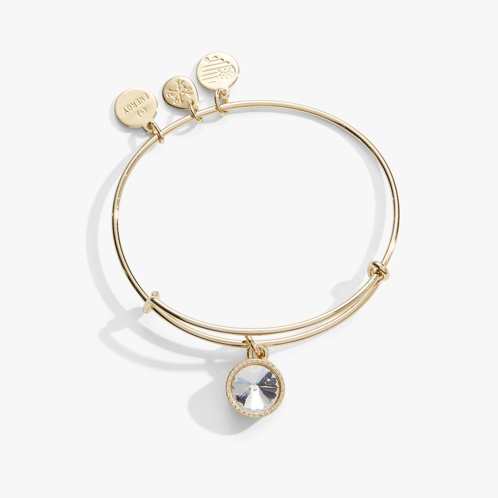Silver tone April birthstone charm bangle featuring a single clear crystal.