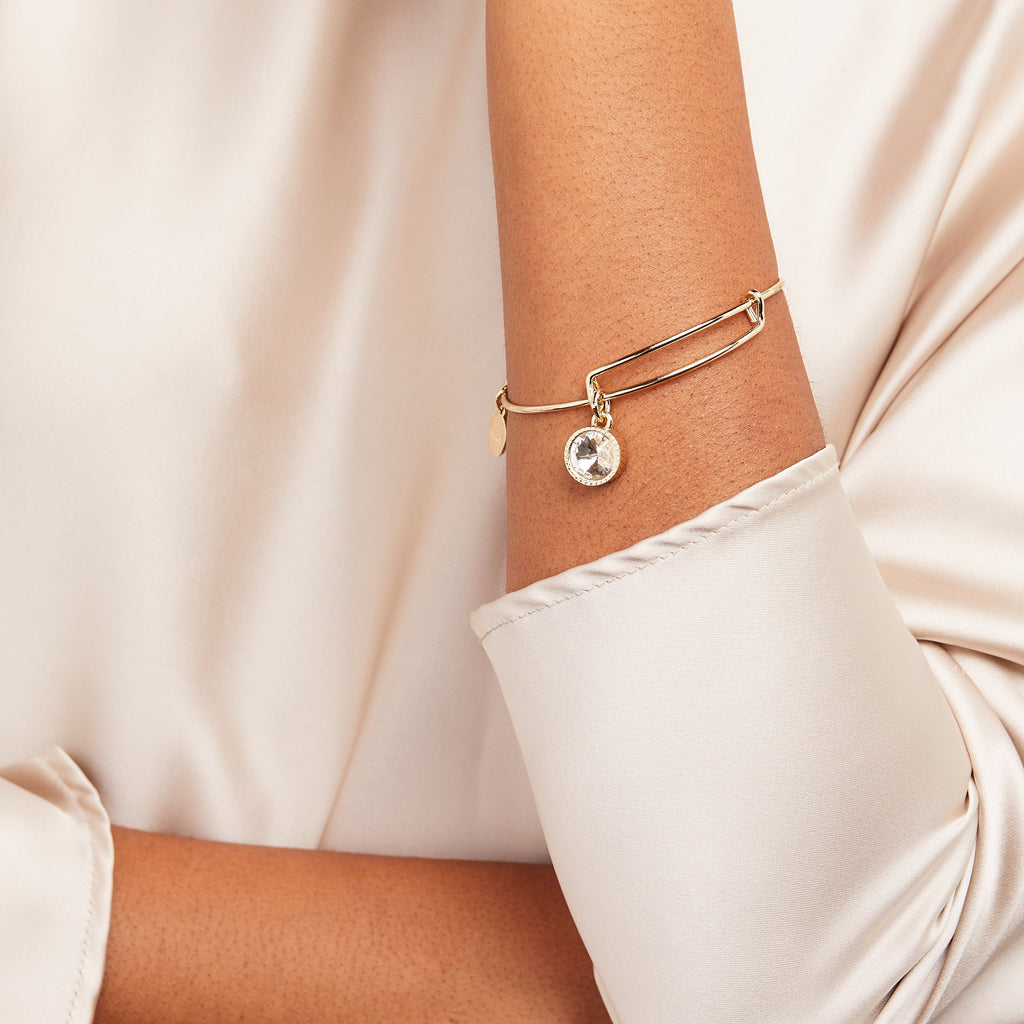 April Clear Crystal Birthstone Silver Tone Charm Bangle