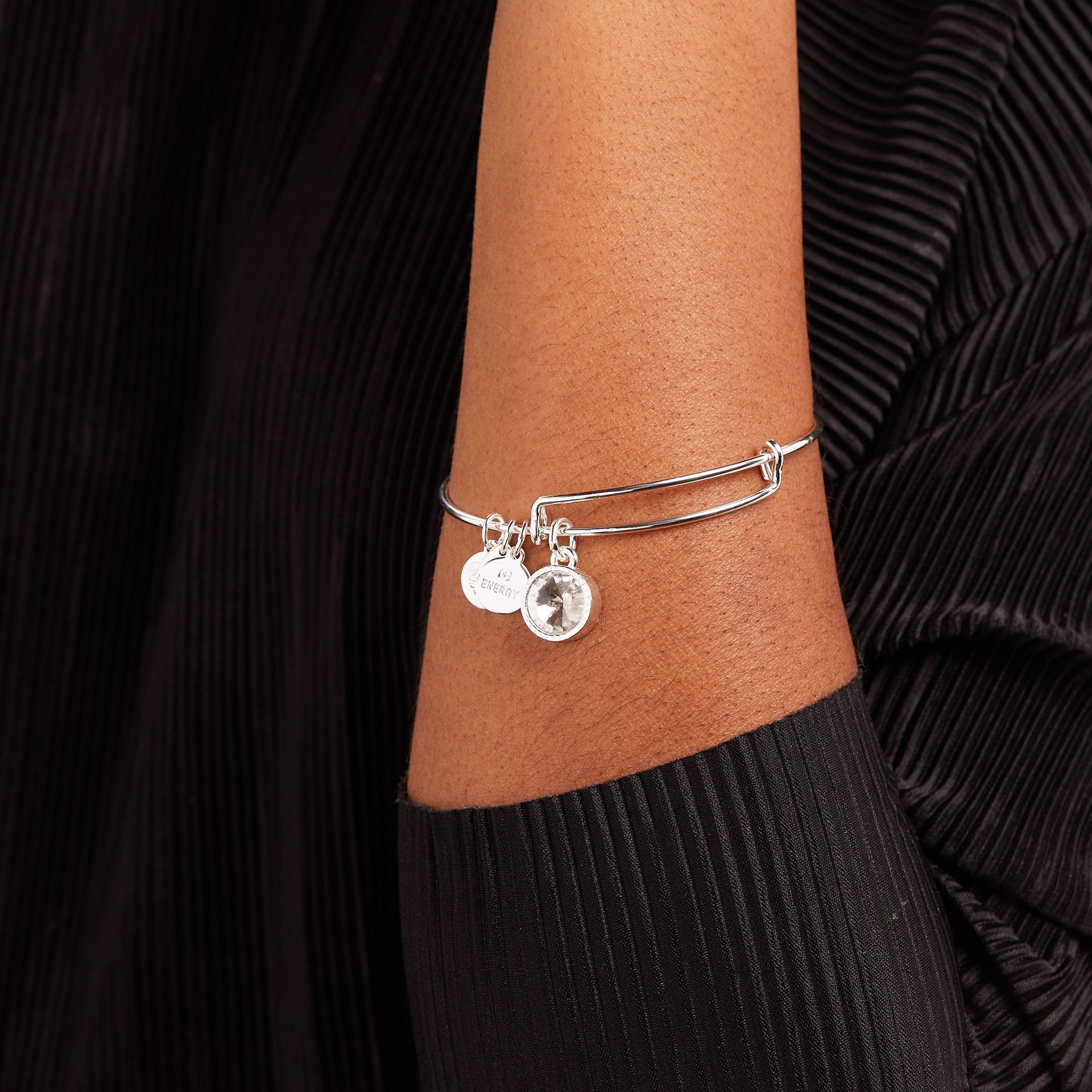 April Clear Crystal Birthstone Silver Tone Charm Bangle