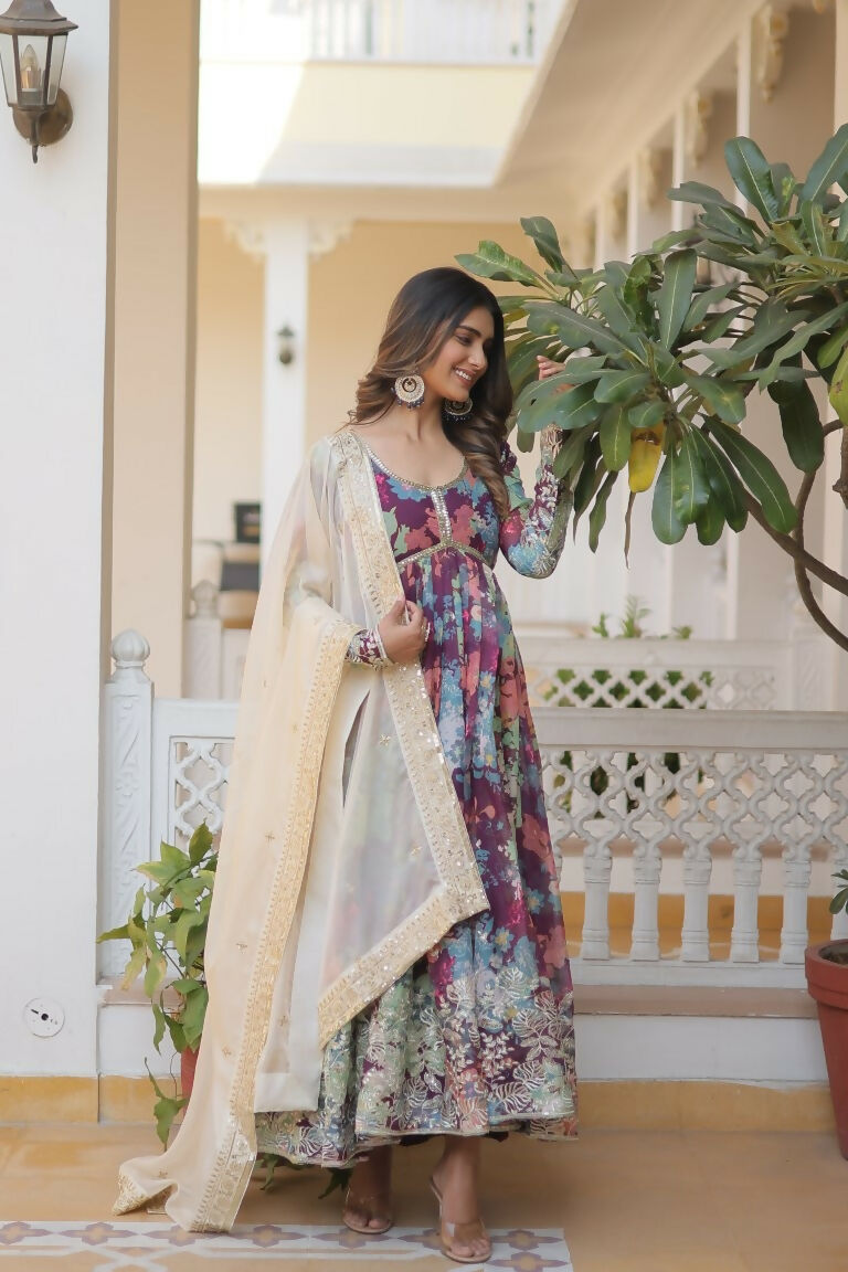Wine Russian Silk Anarkali Dress with Sequins and Zari Embroidery