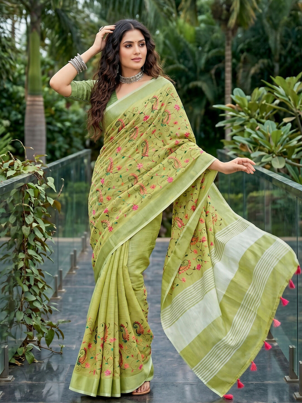 Yellow Green Linen Saree for Everyday Sophistication