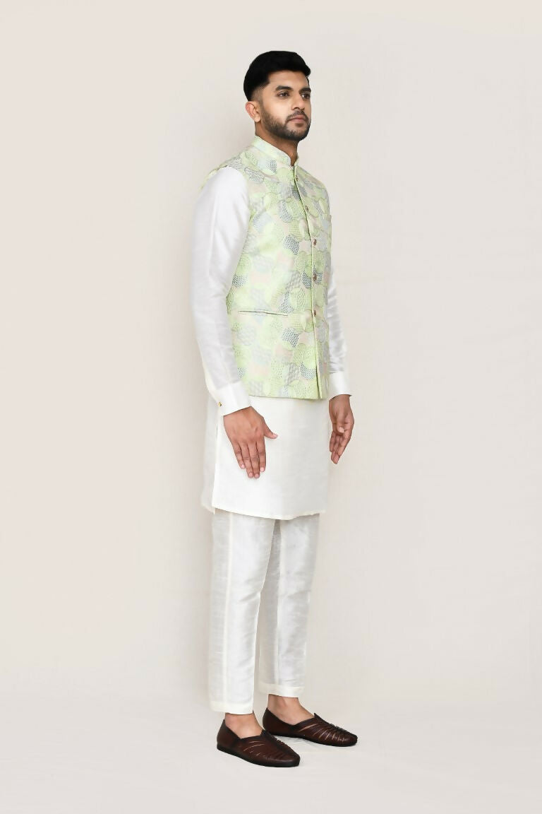 White Art Silk Kurta Set with Matching Jacket and Straight Pants