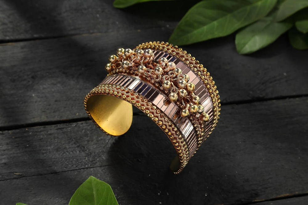 Oxidised Gold-Polished Ghungroo Cuff Bracelet with Mirror Work