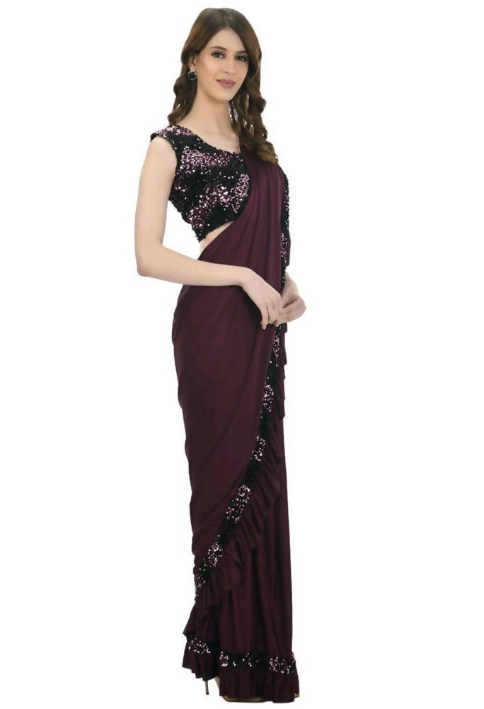 Wine and Black Ruffled Ready-to-Wear Saree with Blouse