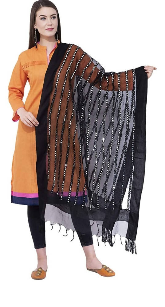Black organza dupatta featuring decorative mirror stripe patterns