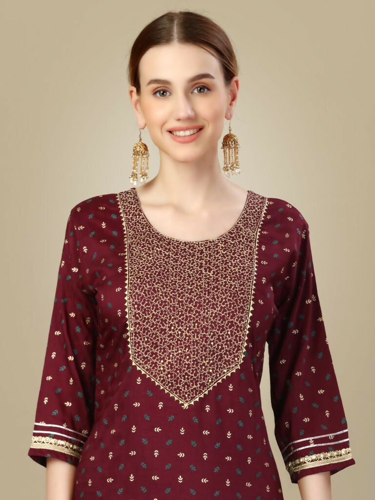 Women's Maroon Silk Blend Straight Kurta with Trouser and Dupatta