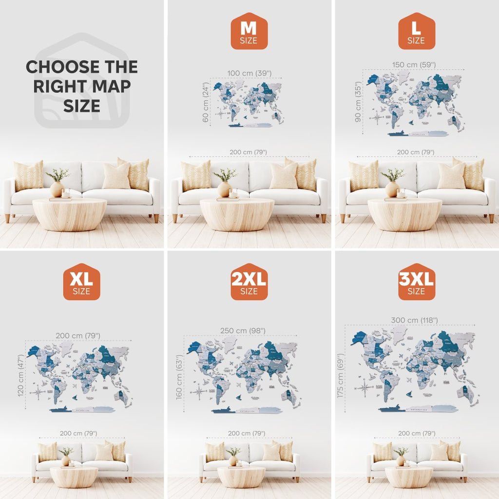 3D Wooden World Map in Aqua Shades for Coastal Wall Decor