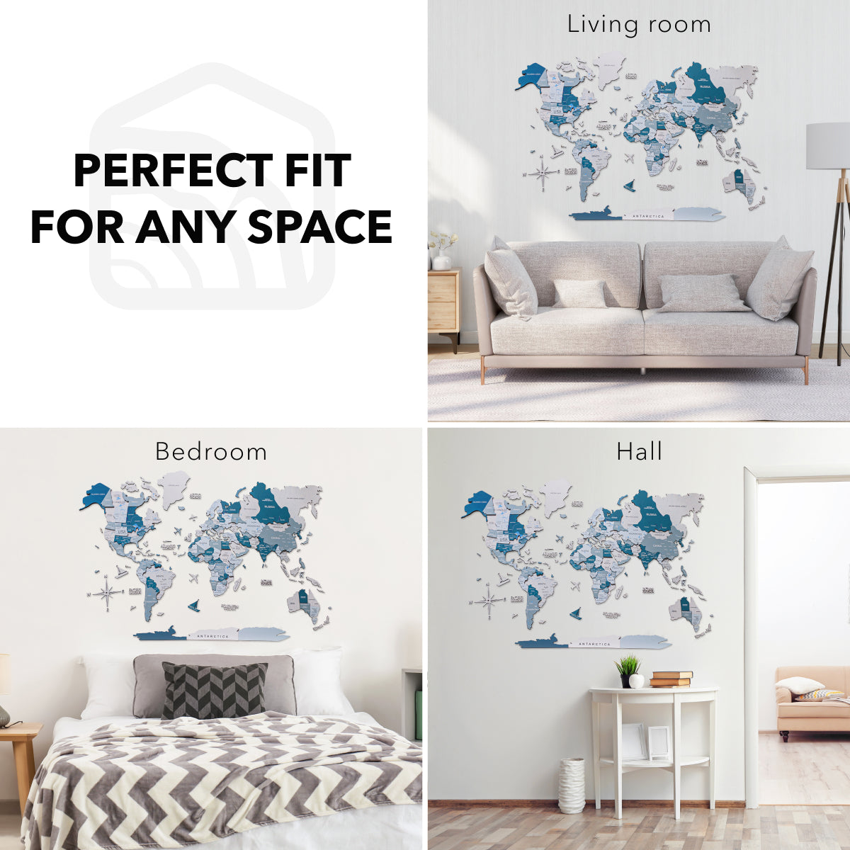 3D Wooden World Map in Aqua Shades for Coastal Wall Decor
