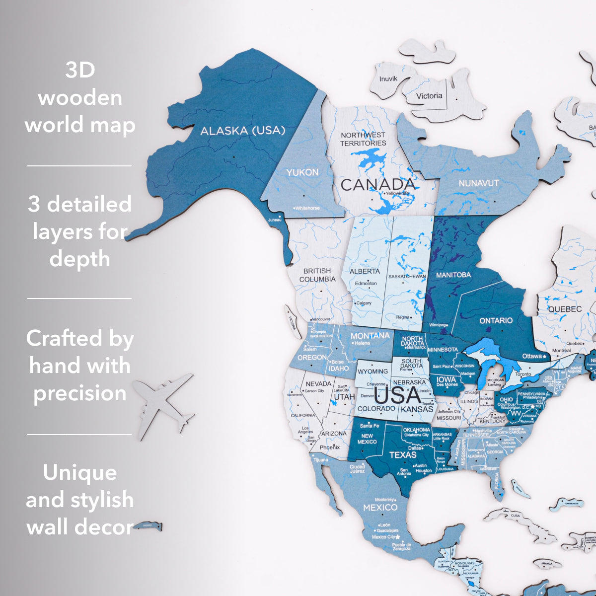 3D Wooden World Map in Aqua Shades for Coastal Wall Decor
