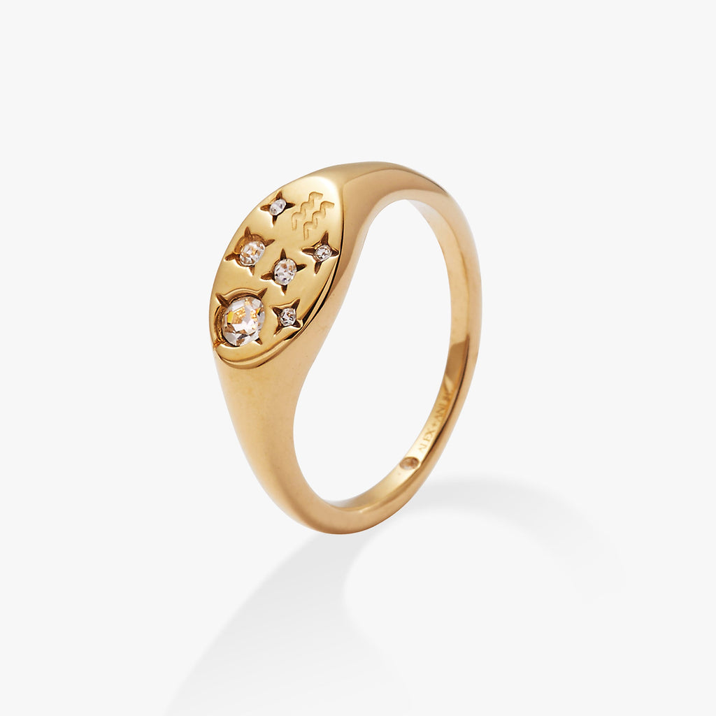 Aquarius Zodiac Signet Ring with Crystal Constellation Detail