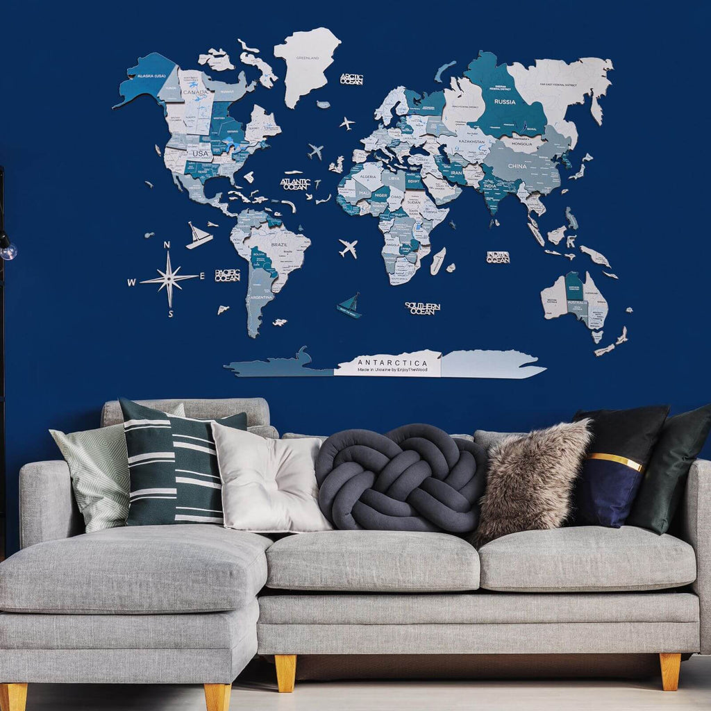 3D Wooden World Map in Aqua Shades for Coastal Wall Decor