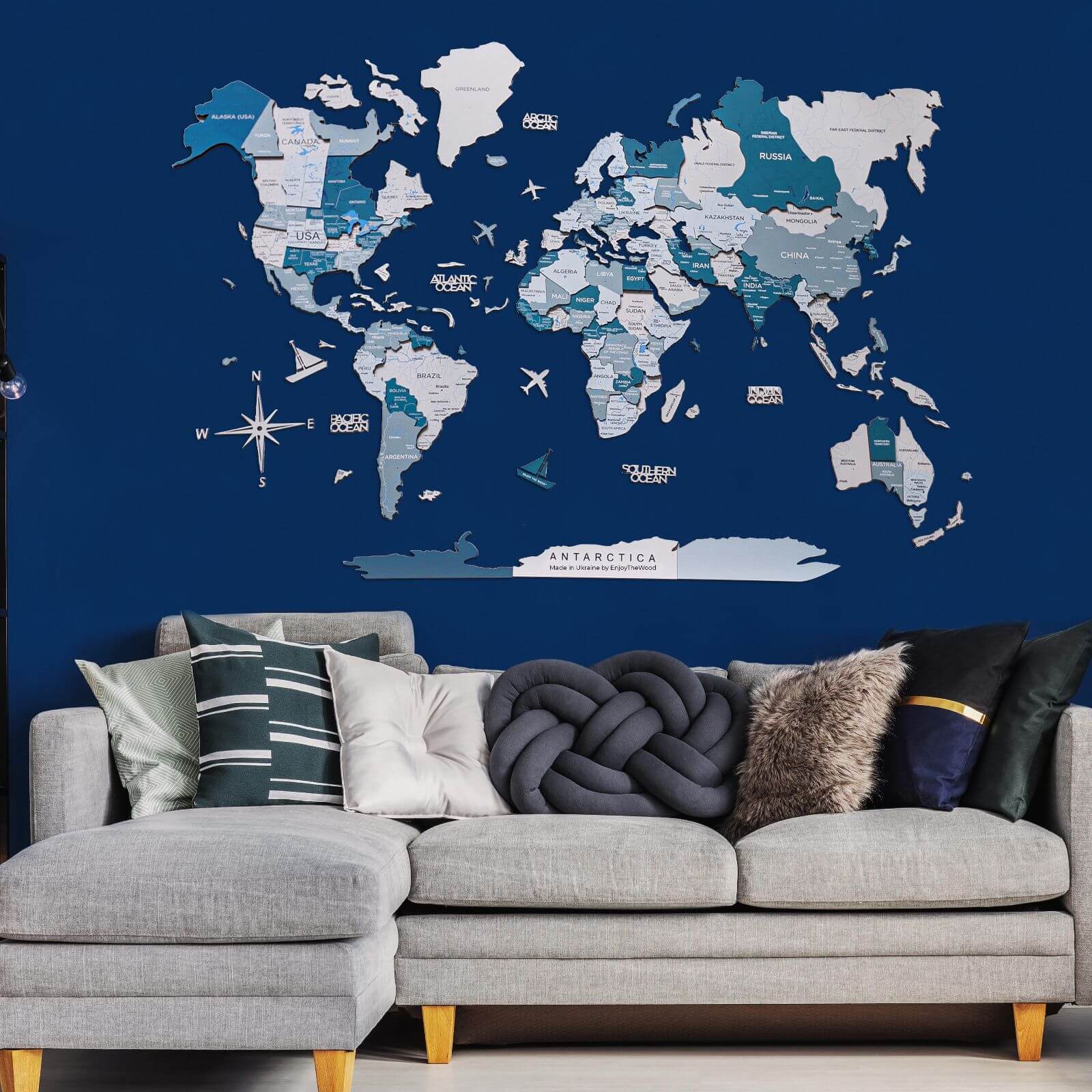 3D Wooden World Map in Aqua Shades for Coastal Wall Decor