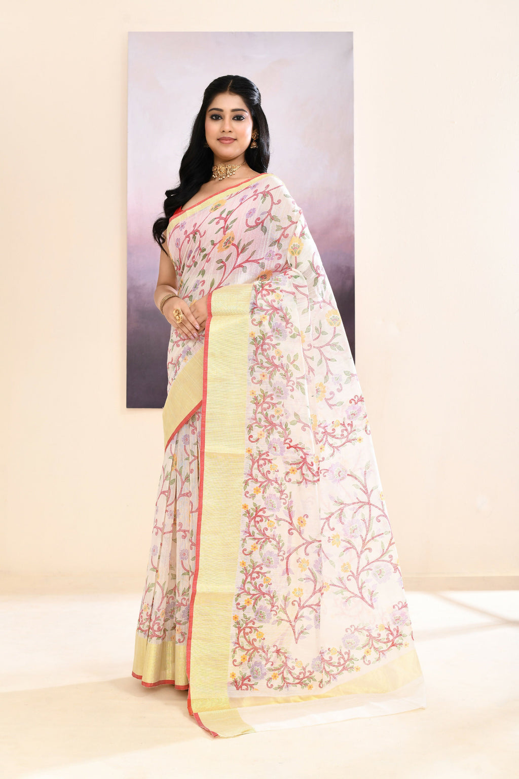 Women's White Embellished Printed Saree in Comfortable Cotton Blend