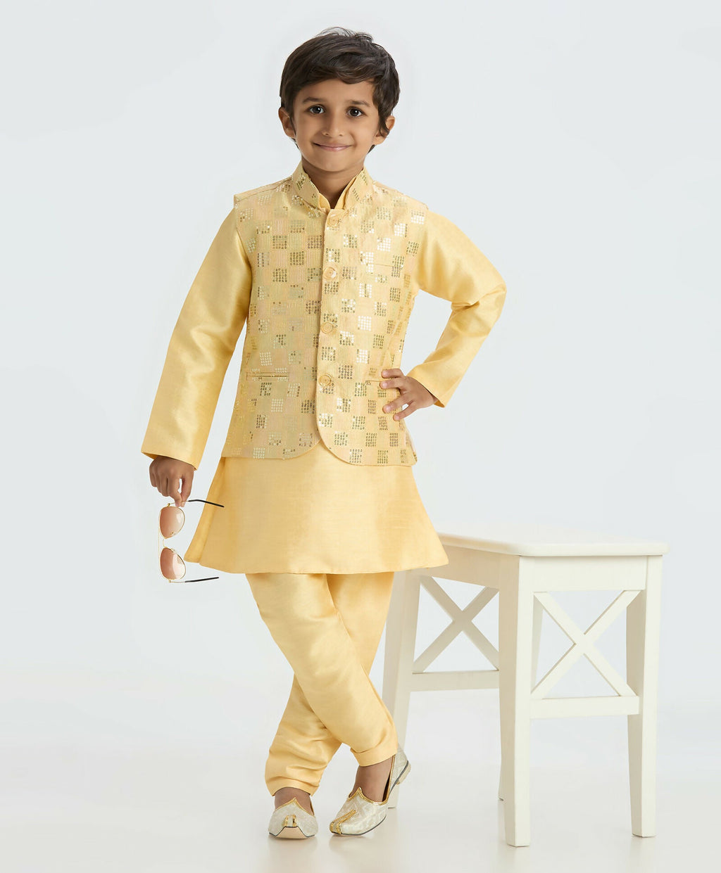 Boys Golden Kurta Pyjama Set with Nehru Jacket