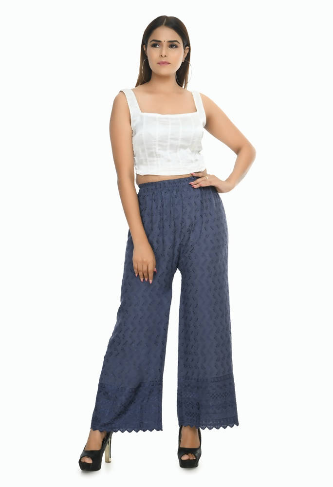 Grey Rayon Cotton Palazzo Pants with Chikankari Work