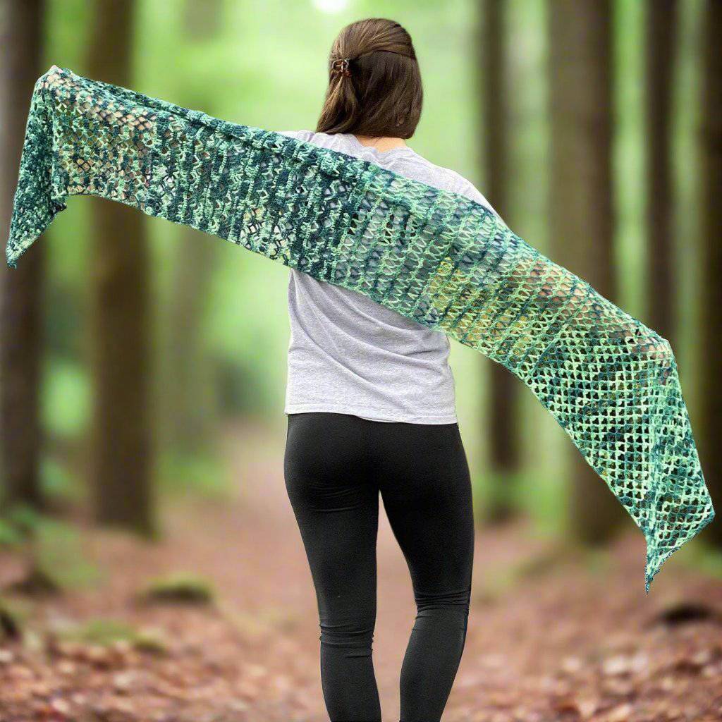 Beautifully crocheted Ariel shawl in shades of green and teal