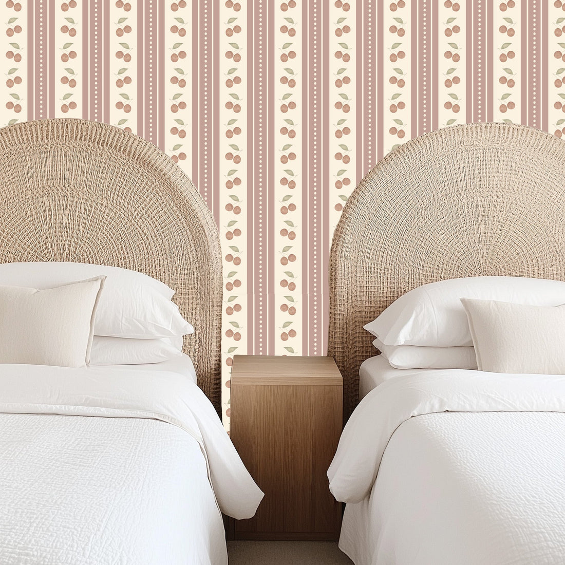 Arista wallpaper in blush pink, cream, and sage green with a vintage cottagecore floral pattern.