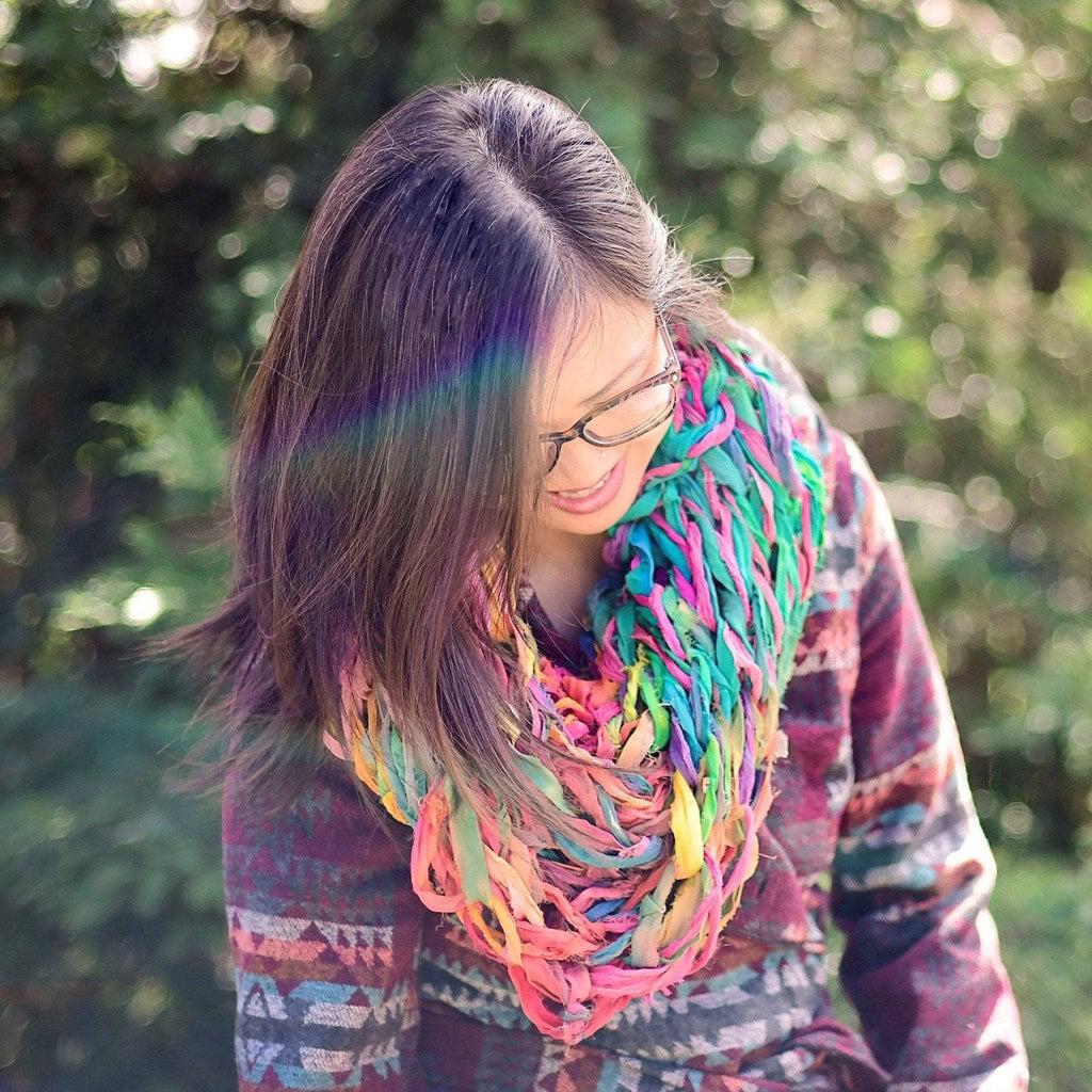 Arm Knit Chiffon Cowl DIY Kit – Vibrant Abstract Rainbow Scarf