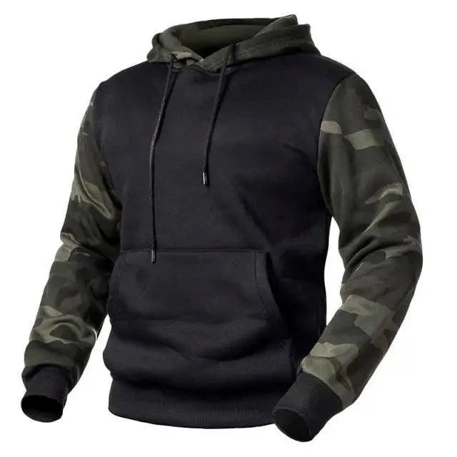Army green military-style men's fleece hoodie with contrast accents and front pocket