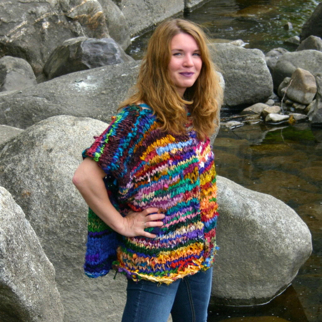 Artfully Yours Multicolor Knit Poncho Pattern - Bohemian Knit Top