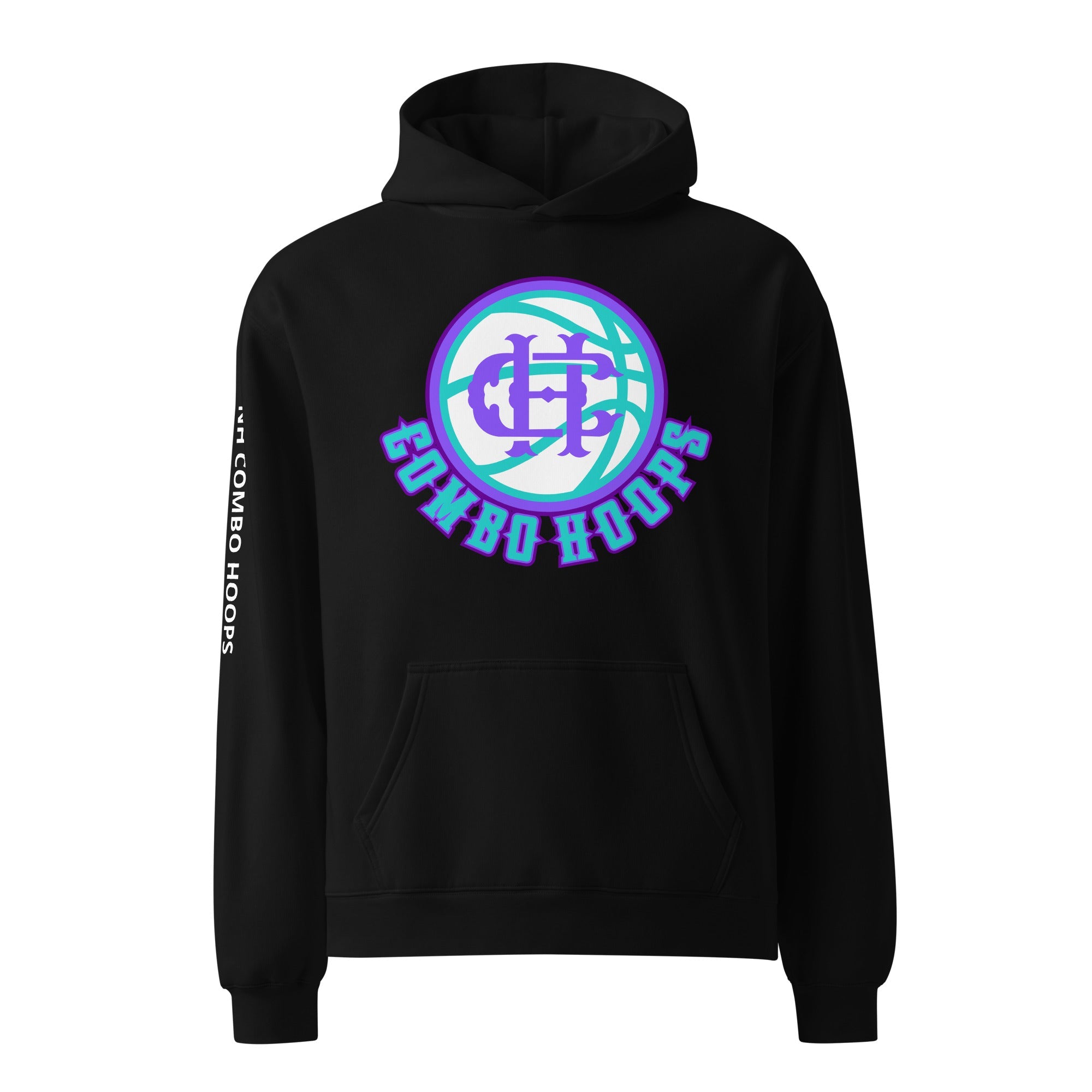 A black oversized hoodie with Nh Combo Hoops logo on the chest and branding on the right sleeve.