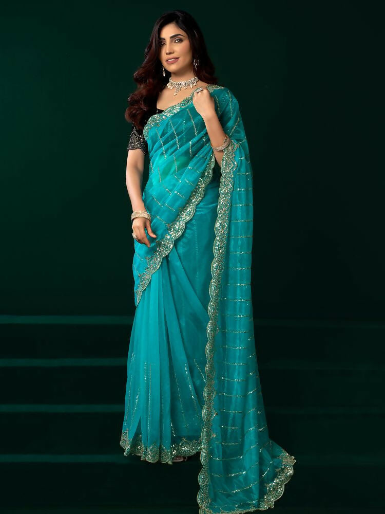 Turquoise Blue Net Party Wear Saree with Black Velvet Blouse