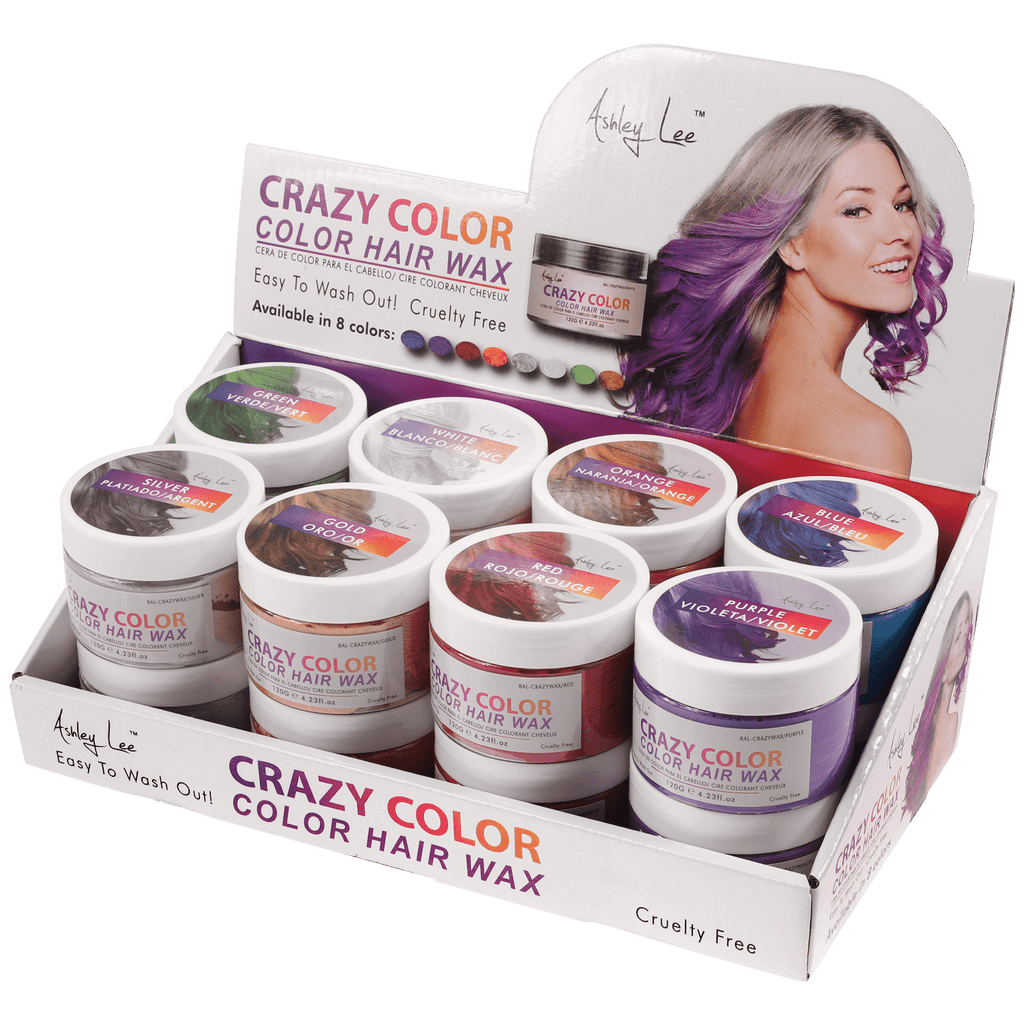 Close up of vibrant colored Ashley Lee Color Crazy Hair Wax for temporary hair styling