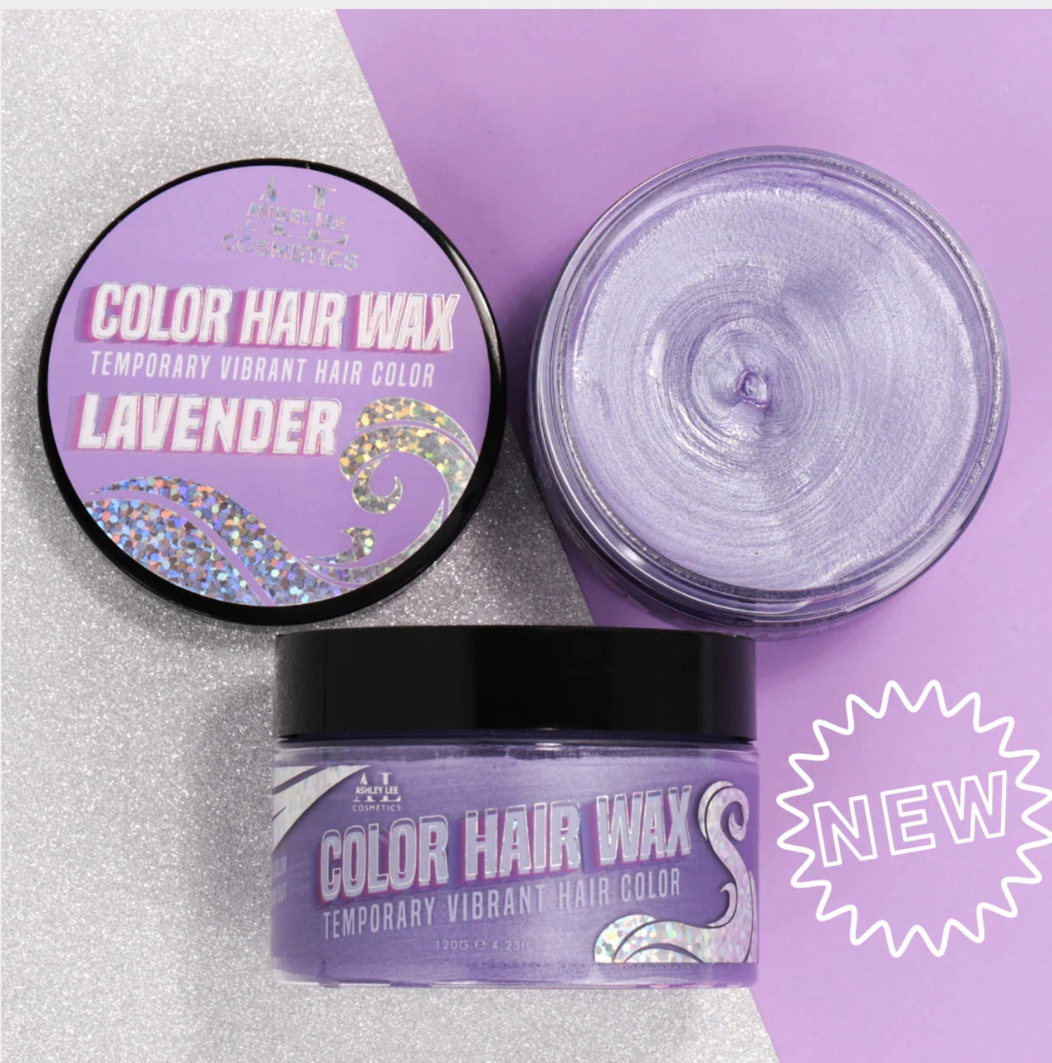 Ashley Lee Color Hair Wax in Lavender jar showing vibrant purple styling product