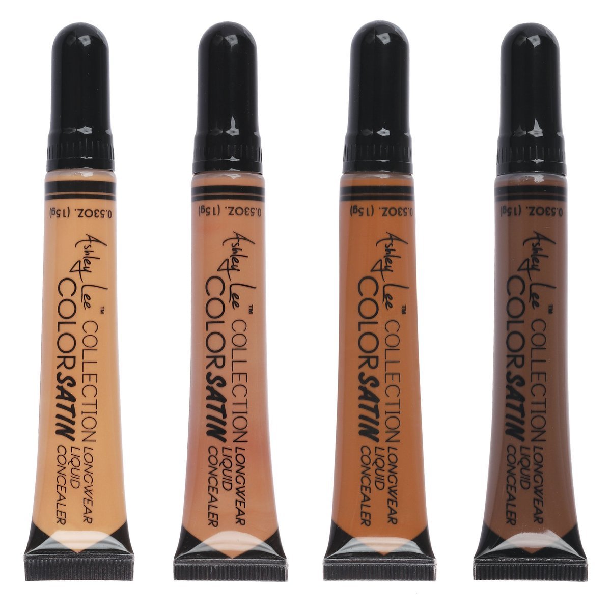 Ashley Lee Color Satin Longwear Liquid Concealer in various shades showing the 0.53oz packaging.