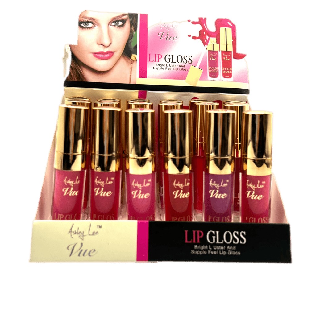 Ashley Lee lip gloss in red and gold shades with 8ml packaging