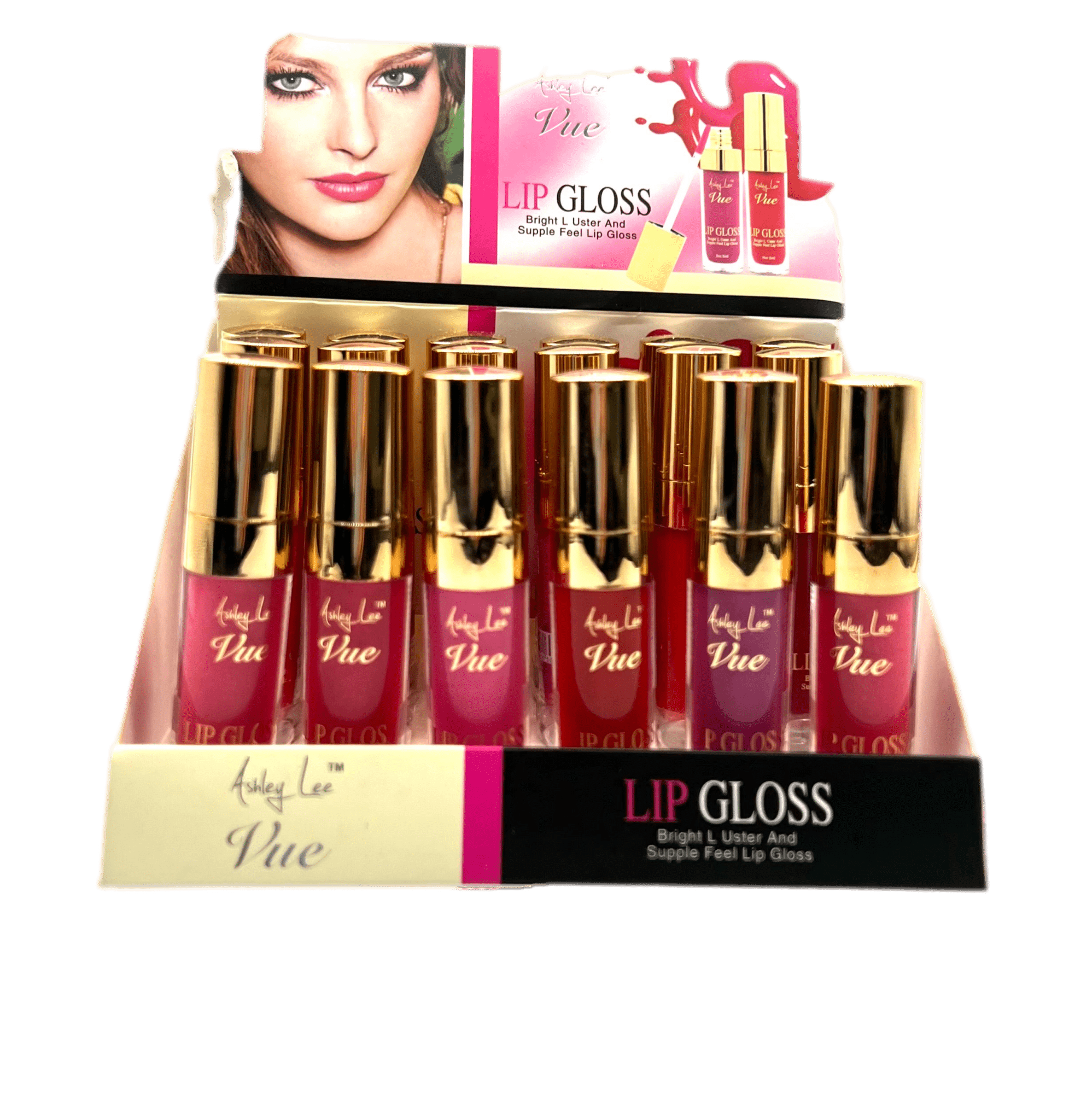 Ashley Lee lip gloss in red and gold shades with 8ml packaging