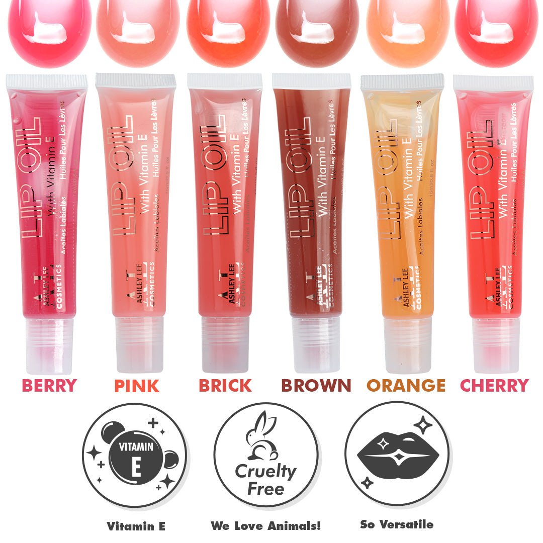 Ashley Lee Lip Oil tube in various shades including berry, pink, and cherry showing glossy finish