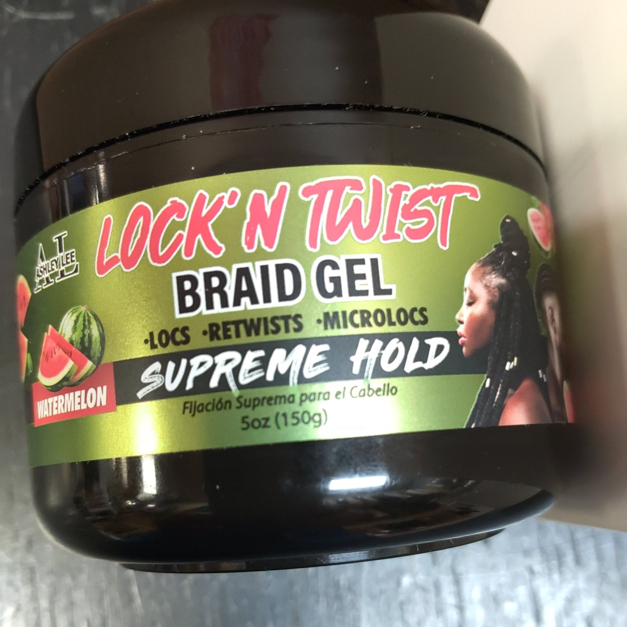 Ashley Lee Lock N' Twist Braid Gel in a 5 oz jar with watermelon green and pink branding.
