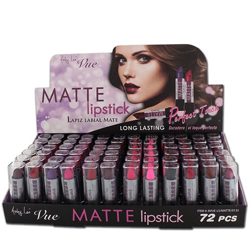 Close up of Ashley Lee Vue long lasting matte lipstick sticks in various bold and neutral shades